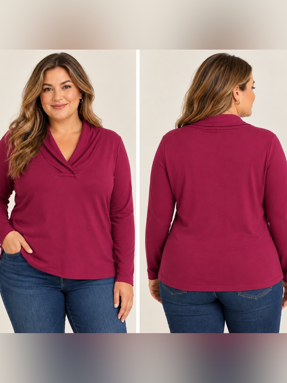 L.L. Bean Women's Magenta Shawl-Collar Long Sleeve Top